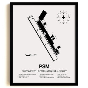 Framed Detailed Airport Map of Portsmouth International at Pease Airport (PSM) in White with a Black Frame