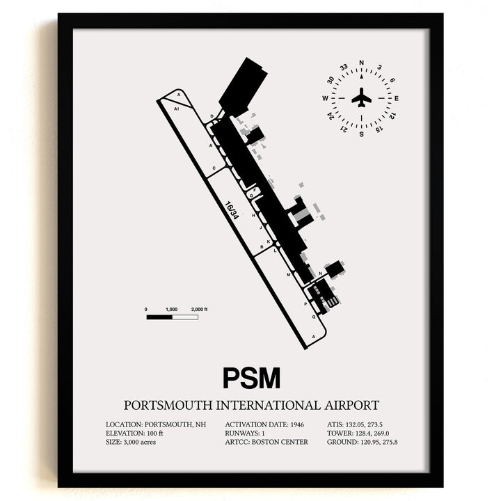 Framed Detailed Airport Map of Portsmouth International at Pease Airport (PSM) in White with a Black Frame