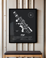 Framed Detailed Airport Map of Palm Springs International Airport (PSP) in Gray with a Black Frame