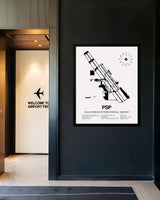 Framed Detailed Airport Map of Palm Springs International Airport (PSP) in White with a Black Frame
