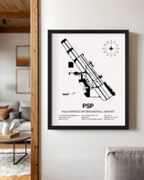 Framed Detailed Airport Map of Palm Springs International Airport (PSP) in White with a Black Frame