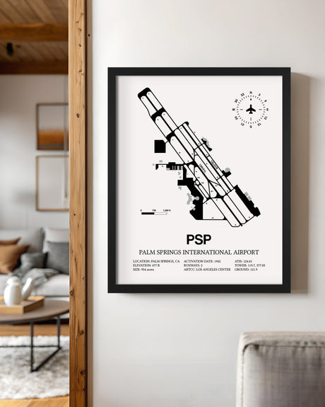Framed Detailed Airport Map of Palm Springs International Airport (PSP) in White with a Black Frame