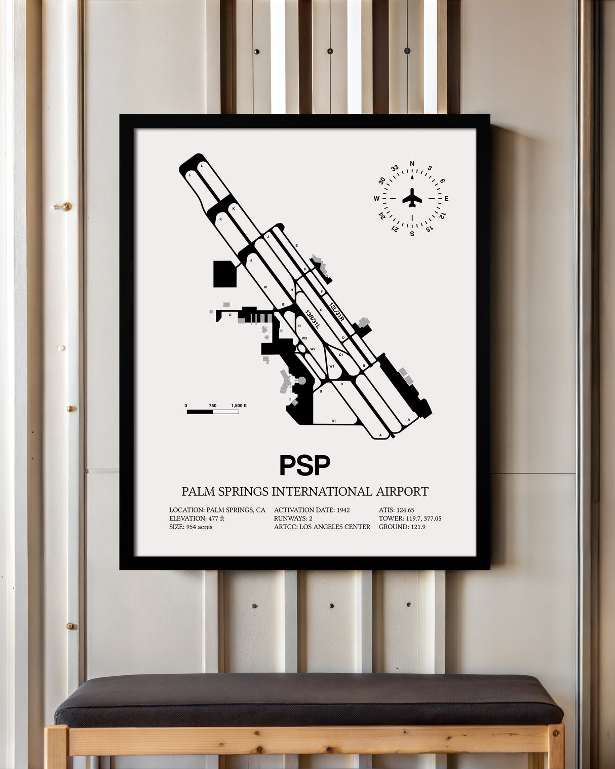 Framed Detailed Airport Map of Palm Springs International Airport (PSP) in White with a Black Frame