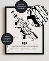 Framed Detailed Airport Map of Palm Springs International Airport (PSP) in White with a Black Frame