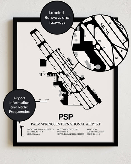 Framed Detailed Airport Map of Palm Springs International Airport (PSP) in White with a Black Frame