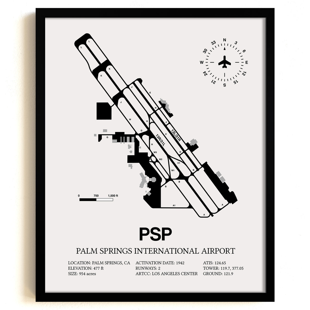 Framed Detailed Airport Map of Palm Springs International Airport (PSP) in White with a Black Frame