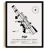 Framed Detailed Airport Map of Palm Springs International Airport (PSP) in White with a Black Frame