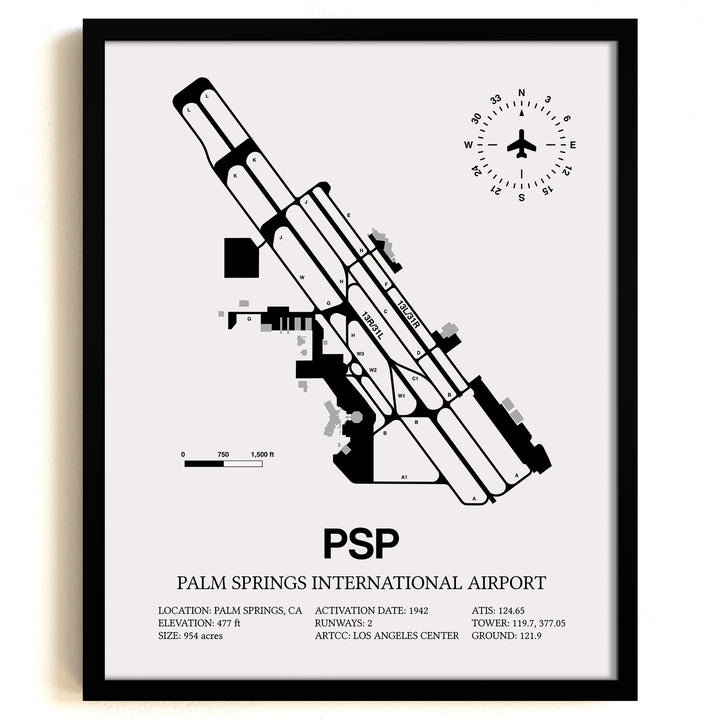 Framed Detailed Airport Map of Palm Springs International Airport (PSP) in White with a Black Frame