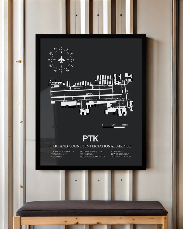 Framed Detailed Airport Map of Oakland County International Airport (PTK) in Gray with a Black Frame