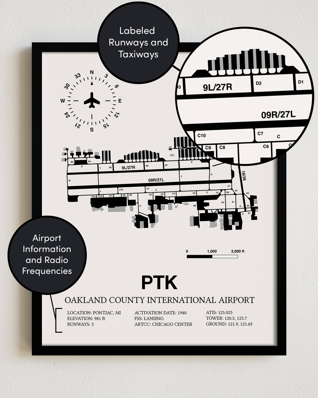 Framed Detailed Airport Map of Oakland County International Airport (PTK) in White with a Black Frame
