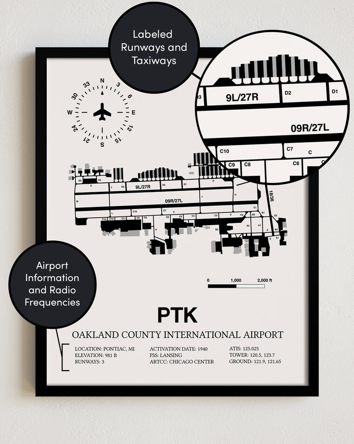 Framed Detailed Airport Map of Oakland County International Airport (PTK) in White with a Black Frame