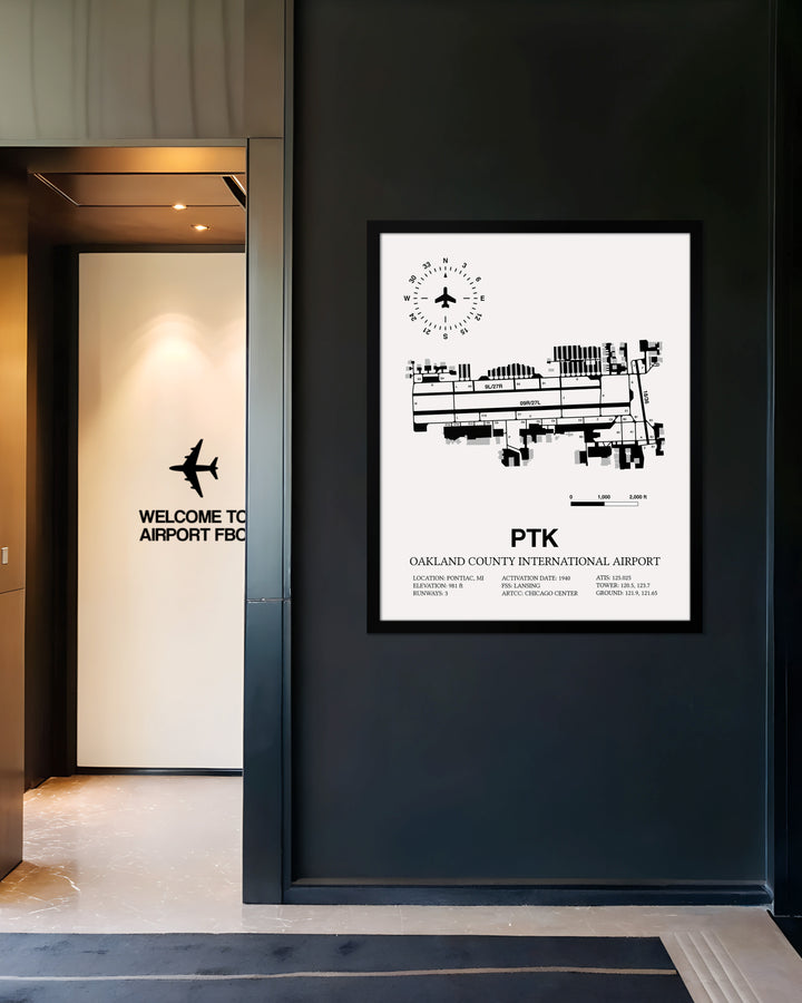 Framed Detailed Airport Map of Oakland County International Airport (PTK) in White with a Black Frame