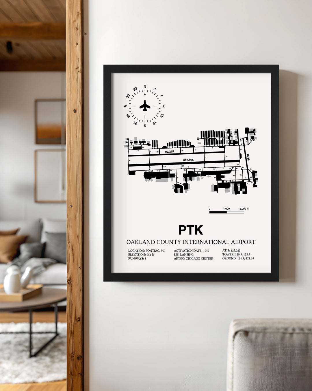 Framed Detailed Airport Map of Oakland County International Airport (PTK) in White with a Black Frame