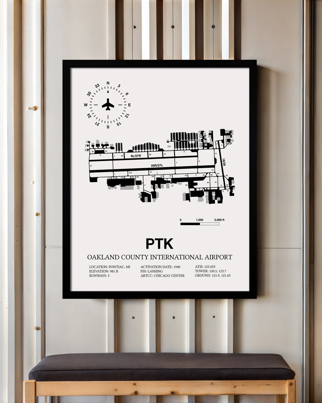 Framed Detailed Airport Map of Oakland County International Airport (PTK) in White with a Black Frame