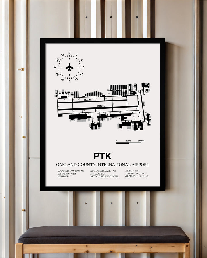 Framed Detailed Airport Map of Oakland County International Airport (PTK) in White with a Black Frame