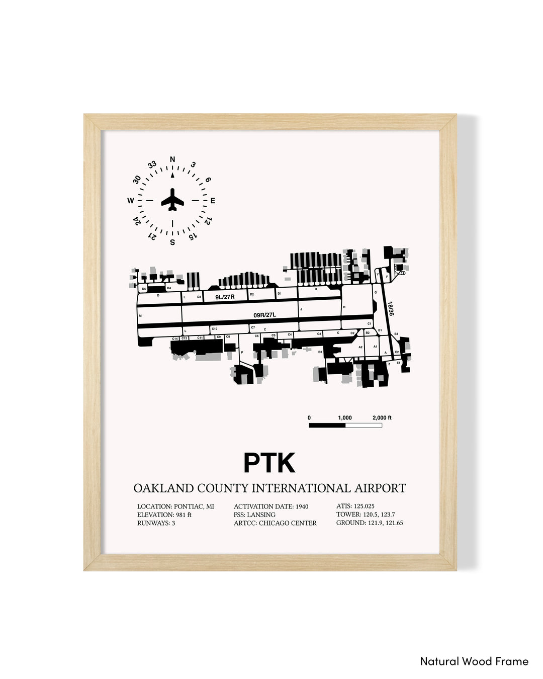 Detailed Airport Map of Oakland County International Airport (PTK) in White with a Natural Frame