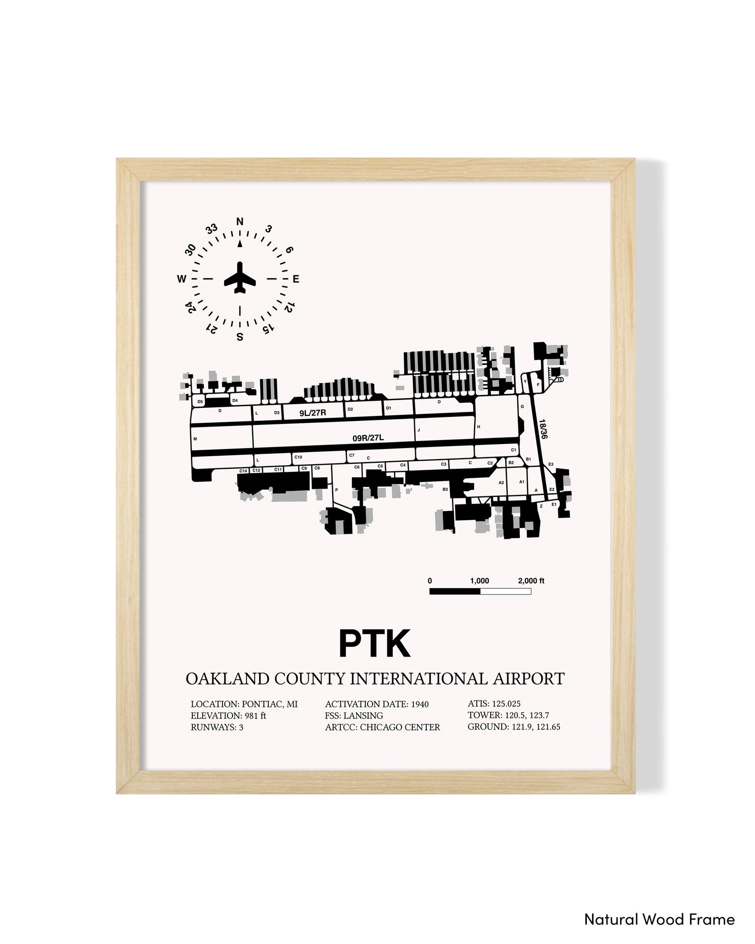 Detailed Airport Map of Oakland County International Airport (PTK) in White with a Natural Frame