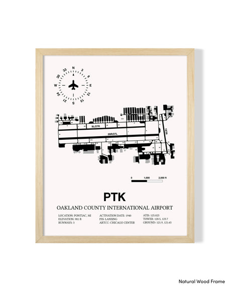 Detailed Airport Map of Oakland County International Airport (PTK) in White with a Natural Frame