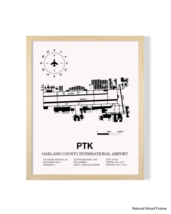 Detailed Airport Map of Oakland County International Airport (PTK) in White with a Natural Frame