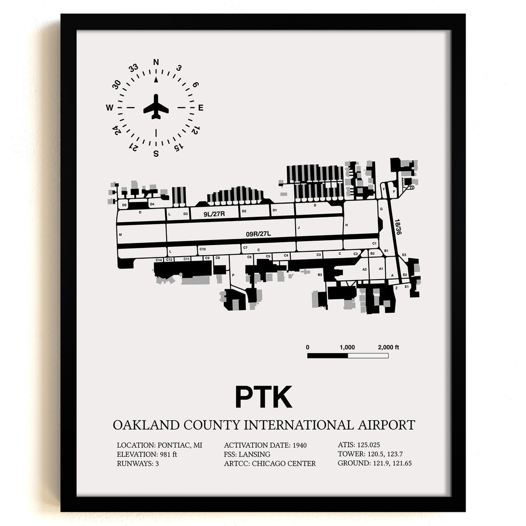 Framed Detailed Airport Map of Oakland County International Airport (PTK) in White with a Black Frame