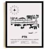 Framed Detailed Airport Map of Oakland County International Airport (PTK) in White with a Black Frame