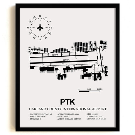 Framed Detailed Airport Map of Oakland County International Airport (PTK) in White with a Black Frame