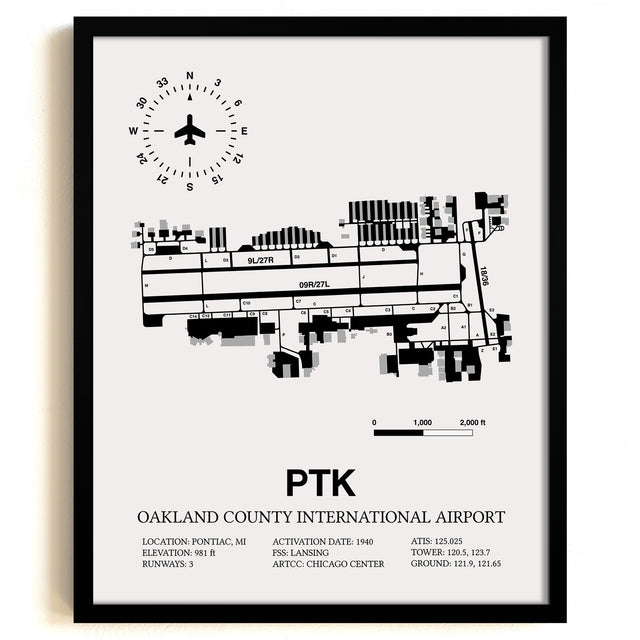 Framed Detailed Airport Map of Oakland County International Airport (PTK) in White with a Black Frame