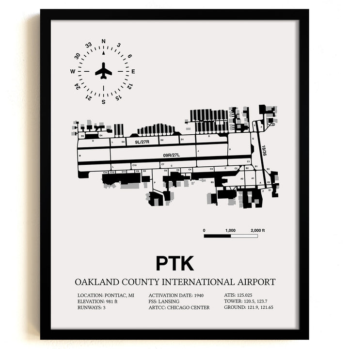 Framed Detailed Airport Map of Oakland County International Airport (PTK) in White with a Black Frame