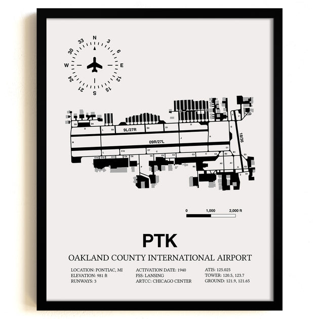 Oakland County International Airport (PTK) Framed Detailed Airport Map ...