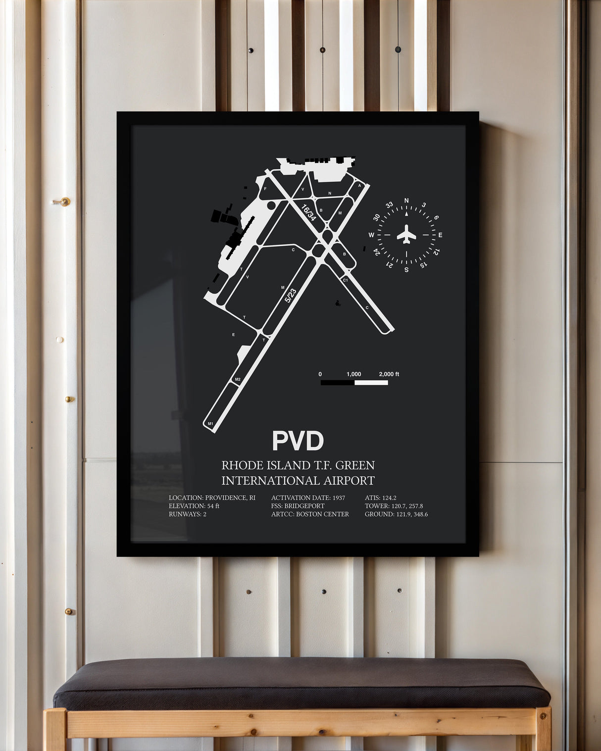 Framed Detailed Airport Map of Theodore Francis Green State Airport (PVD) in Gray with a Black Frame