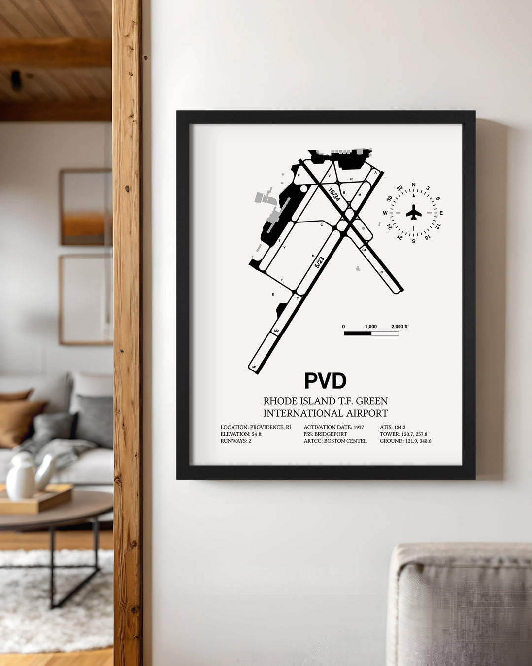 Framed Detailed Airport Map of Theodore Francis Green State Airport (PVD) in White with a Black Frame