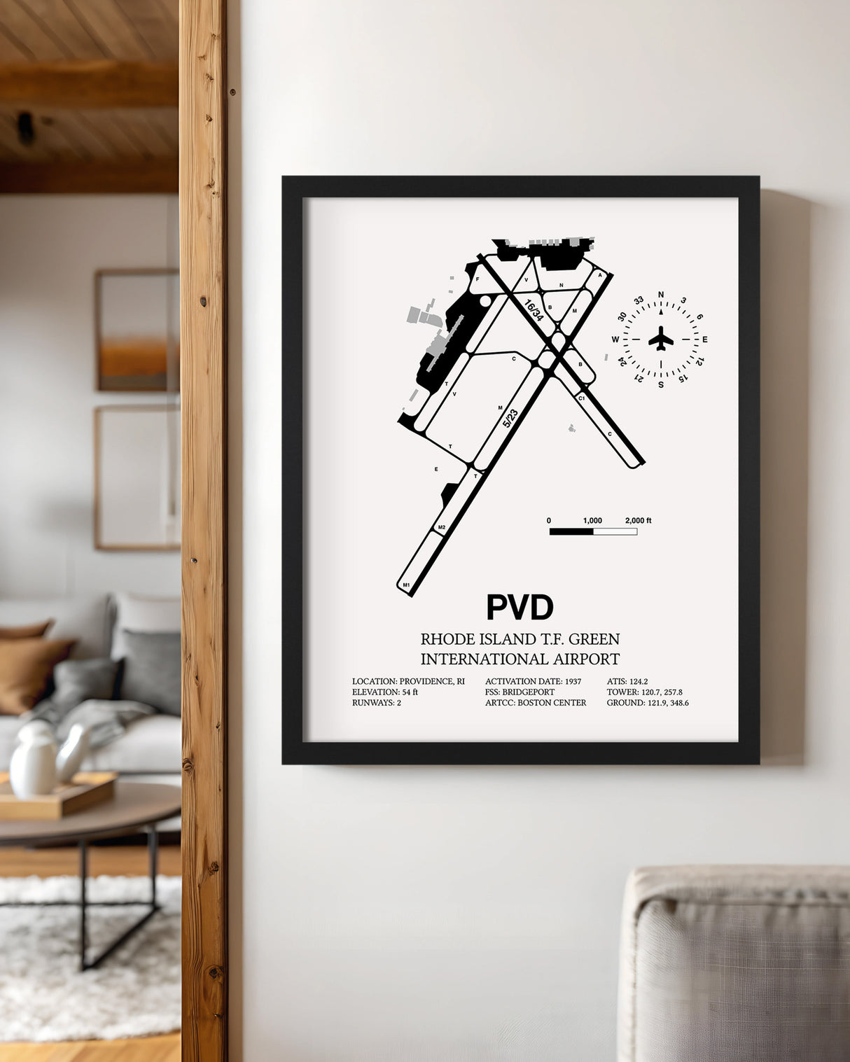 Framed Detailed Airport Map of Theodore Francis Green State Airport (PVD) in White with a Black Frame