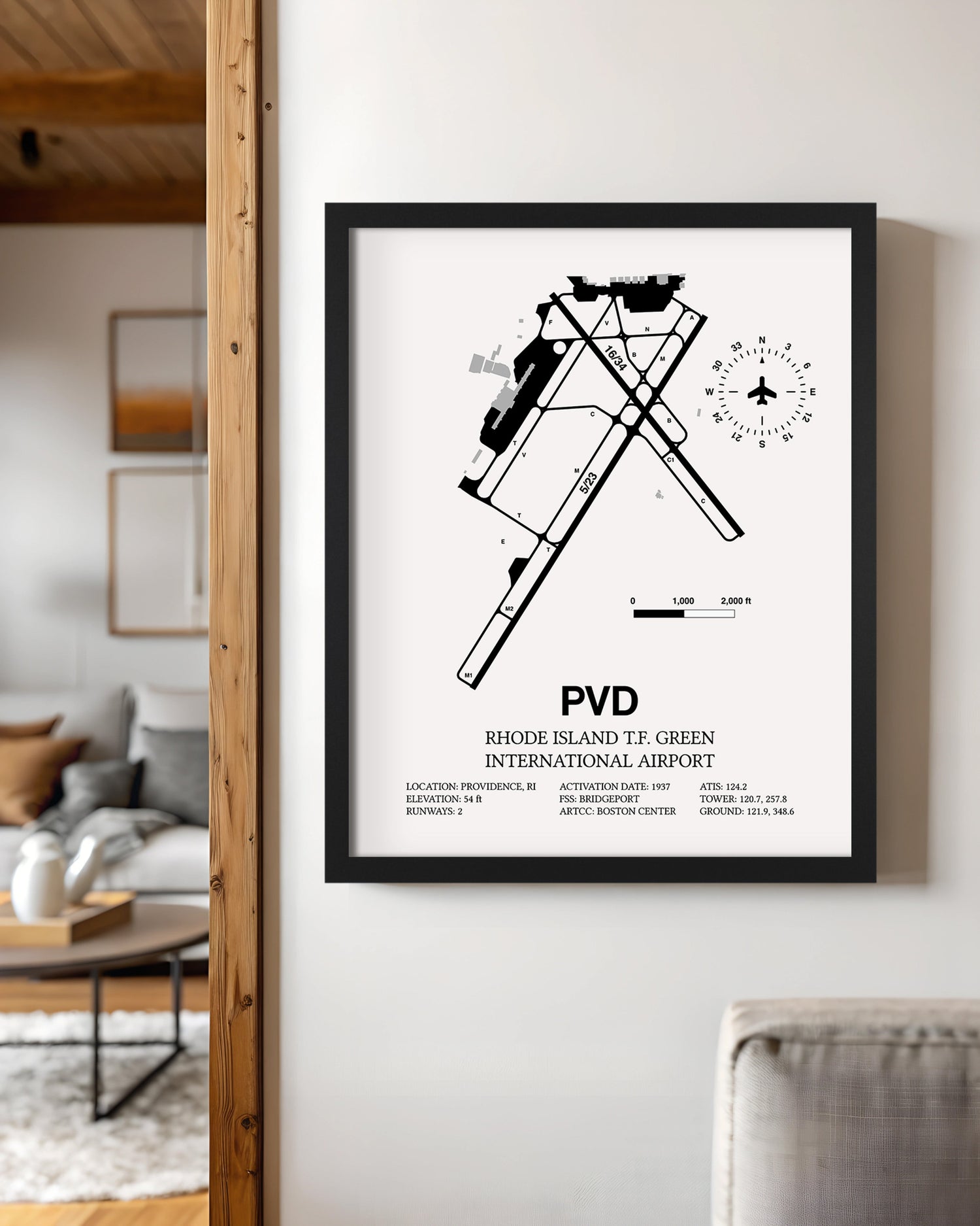 Framed Detailed Airport Map of Theodore Francis Green State Airport (PVD) in White with a Black Frame