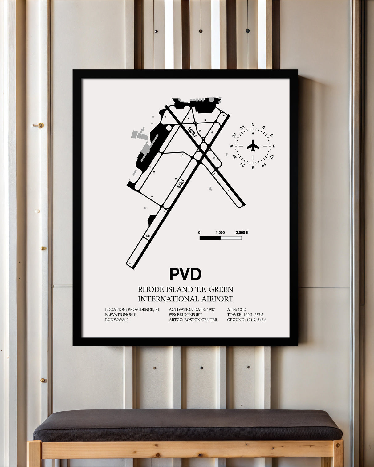 Framed Detailed Airport Map of Theodore Francis Green State Airport (PVD) in White with a Black Frame