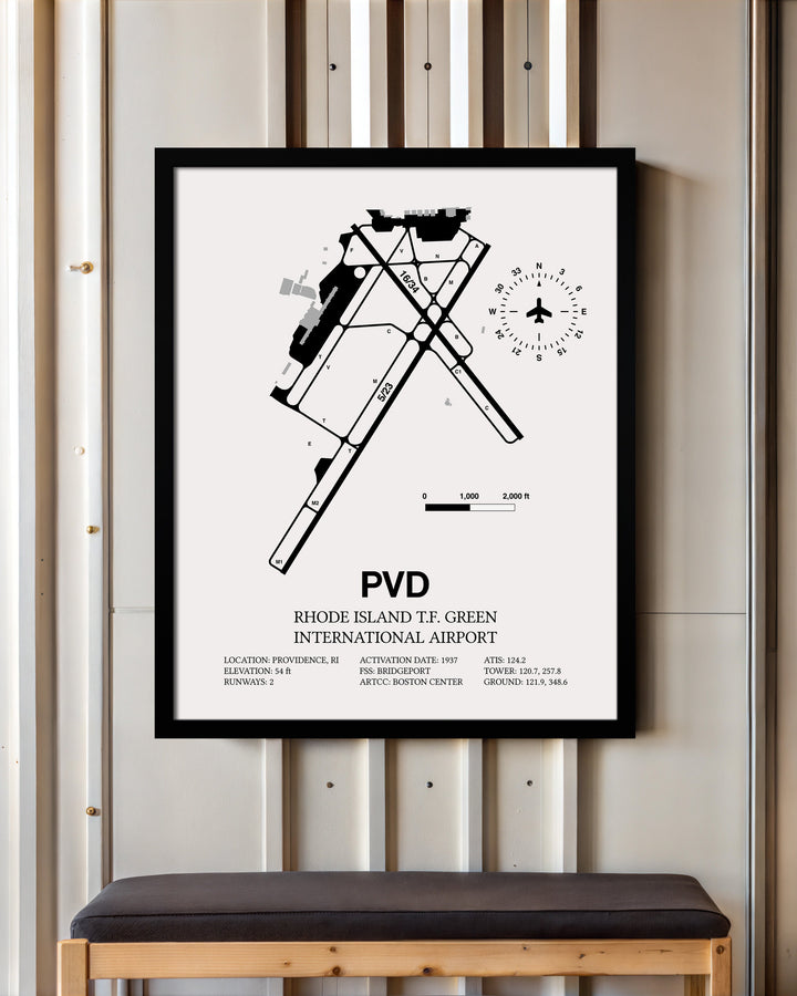 Framed Detailed Airport Map of Theodore Francis Green State Airport (PVD) in White with a Black Frame