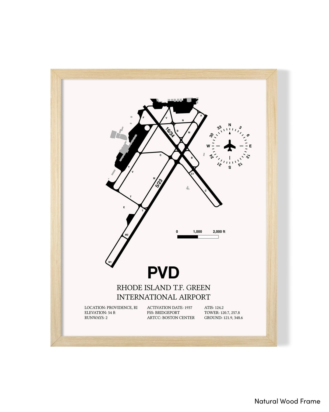Detailed Airport Map of Theodore Francis Green State Airport (PVD) in White with a Natural Frame