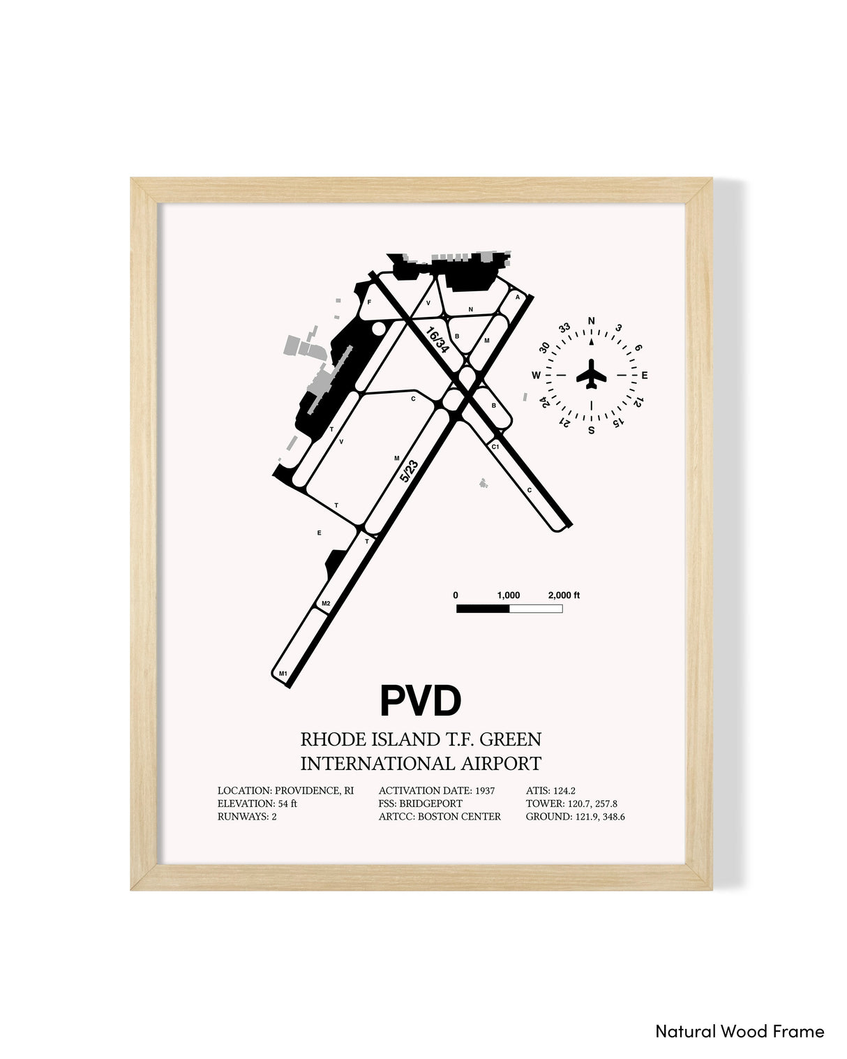 Detailed Airport Map of Theodore Francis Green State Airport (PVD) in White with a Natural Frame