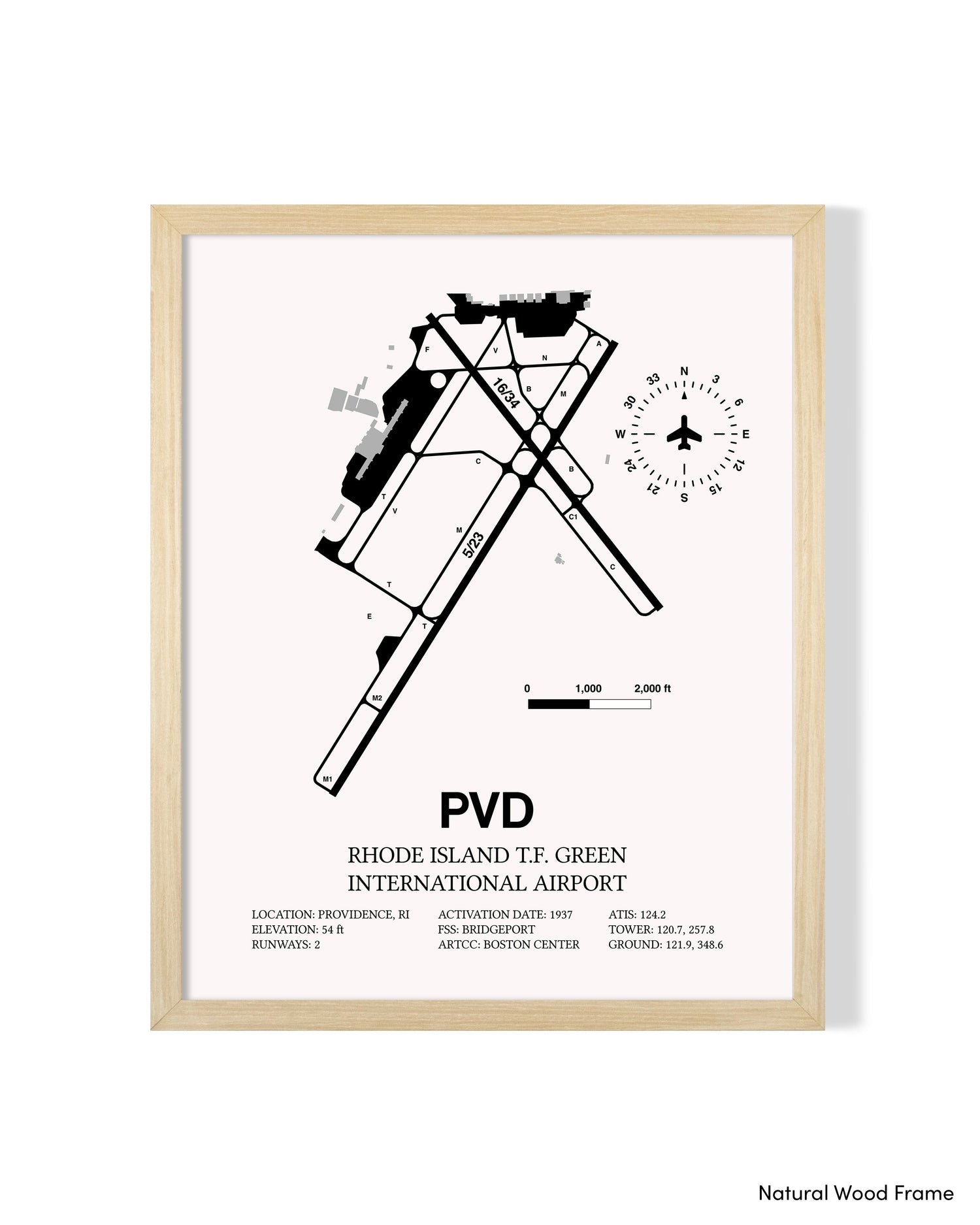 Detailed Airport Map of Theodore Francis Green State Airport (PVD) in White with a Natural Frame