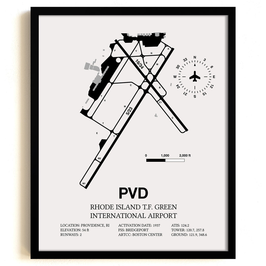 Framed Detailed Airport Map of Theodore Francis Green State Airport (PVD) in White with a Black Frame