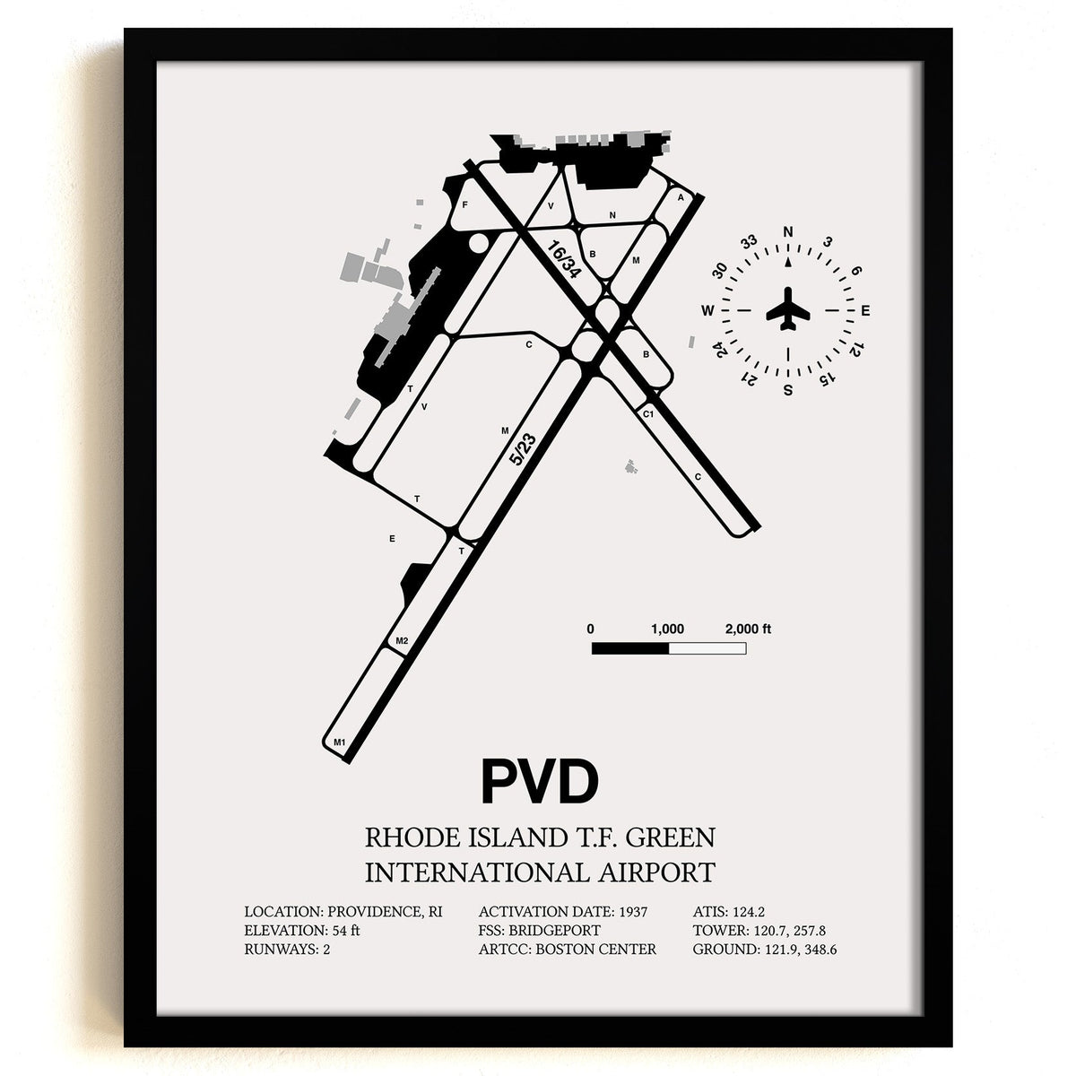 Framed Detailed Airport Map of Theodore Francis Green State Airport (PVD) in White with a Black Frame
