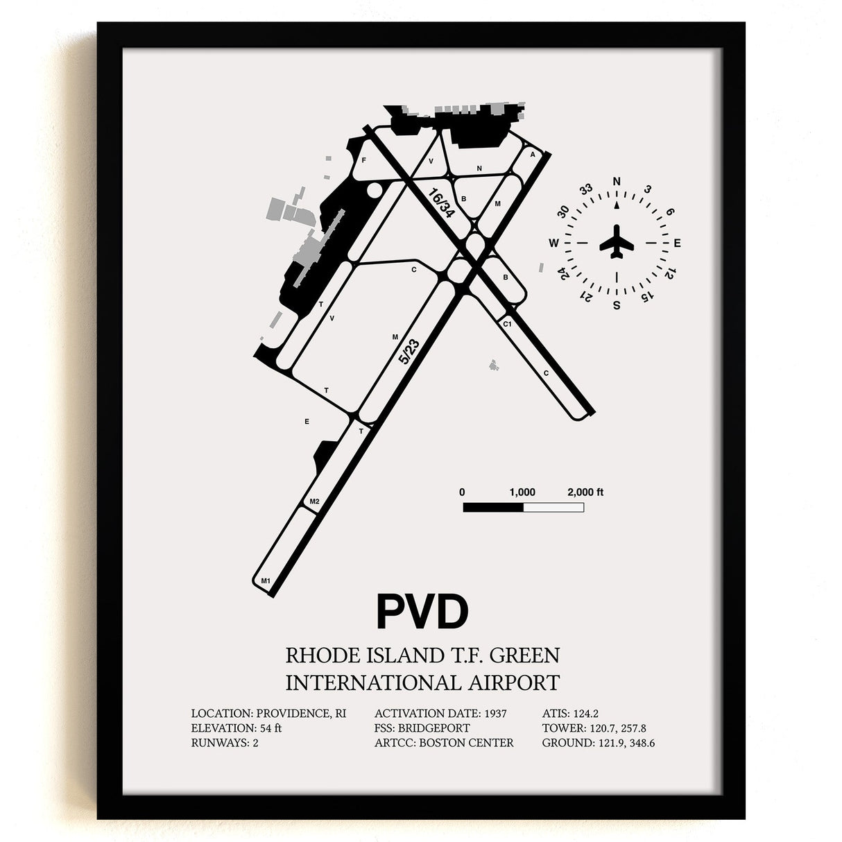 Framed Detailed Airport Map of Theodore Francis Green State Airport (PVD) in White with a Black Frame