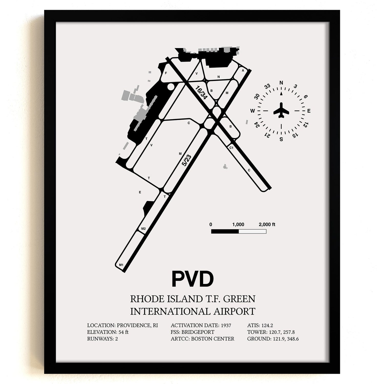 Framed Detailed Airport Map of Theodore Francis Green State Airport (PVD) in White with a Black Frame