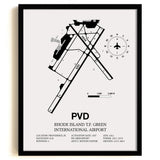 Framed Detailed Airport Map of Theodore Francis Green State Airport (PVD) in White with a Black Frame