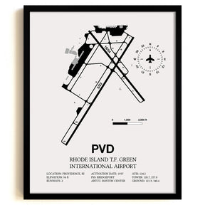 Framed Detailed Airport Map of Theodore Francis Green State Airport (PVD) in White with a Black Frame