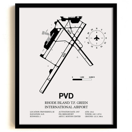Framed Detailed Airport Map of Theodore Francis Green State Airport (PVD) in White with a Black Frame