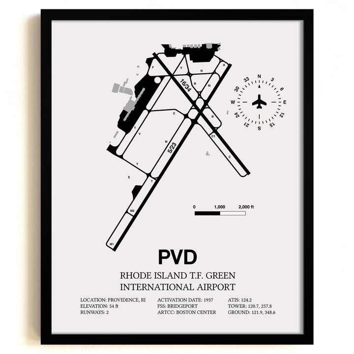 Framed Detailed Airport Map of Theodore Francis Green State Airport (PVD) in White with a Black Frame
