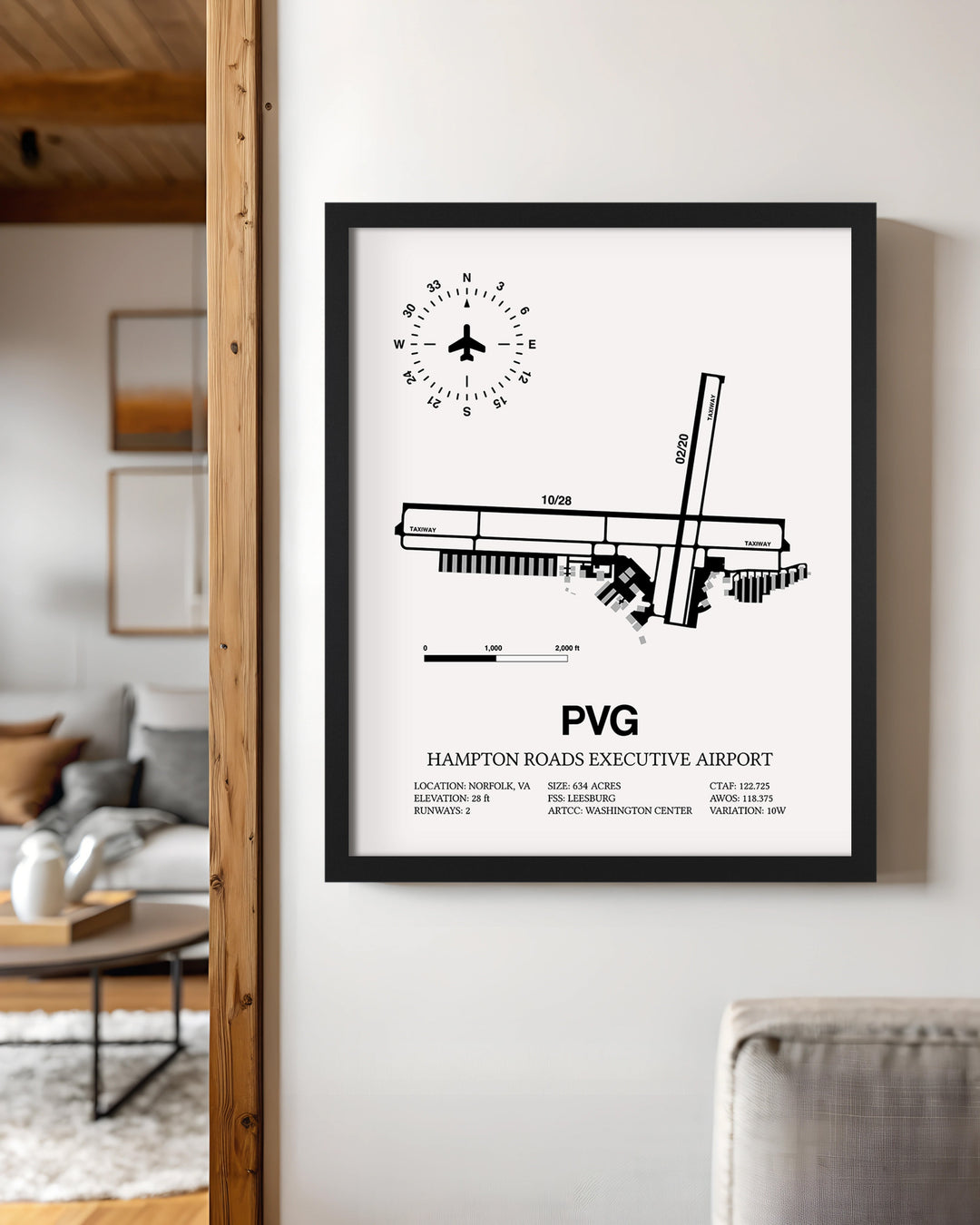 Framed Detailed Airport Map of Hampton Roads Executive Airport (PVG) in White with a Black Frame