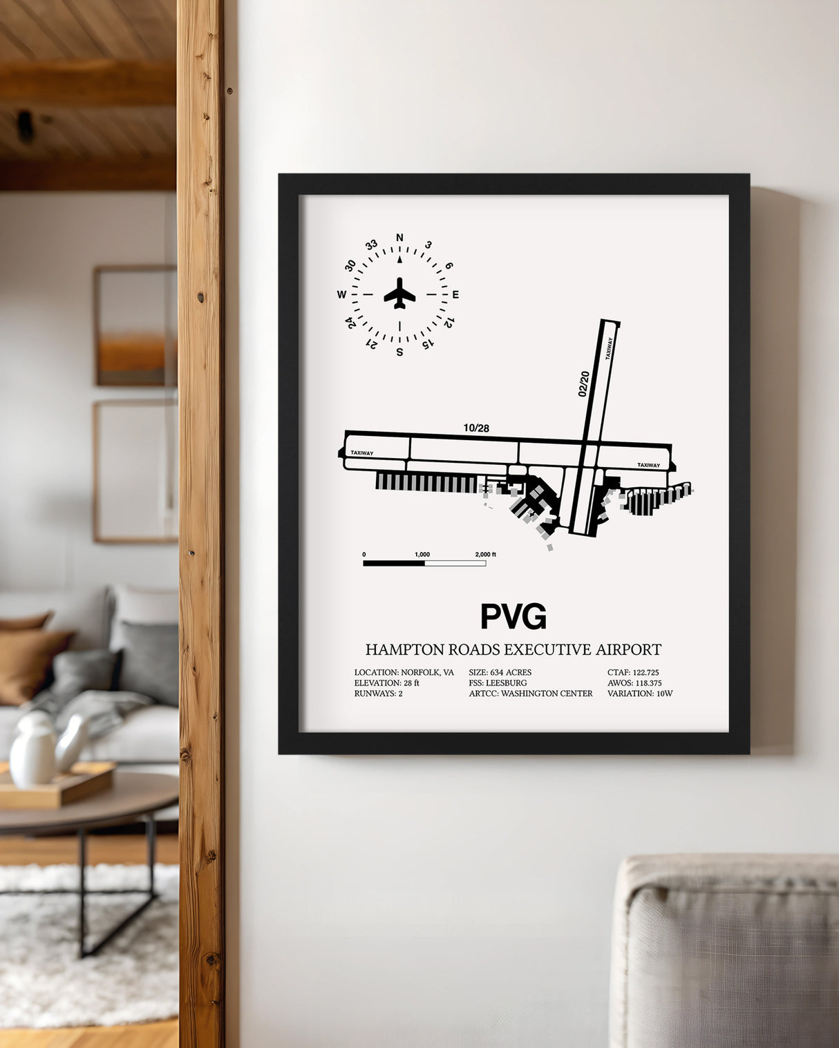 Framed Detailed Airport Map of Hampton Roads Executive Airport (PVG) in White with a Black Frame