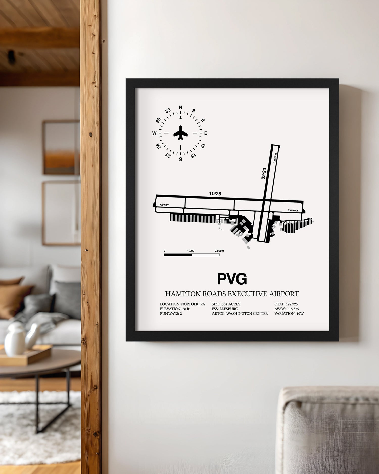 Framed Detailed Airport Map of Hampton Roads Executive Airport (PVG) in White with a Black Frame