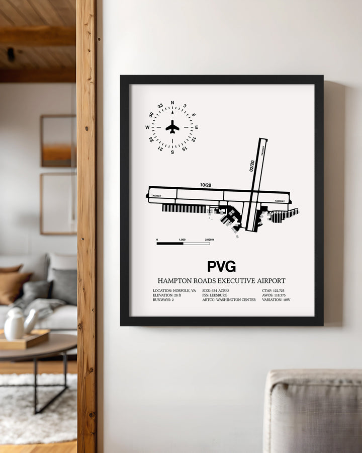 Framed Detailed Airport Map of Hampton Roads Executive Airport (PVG) in White with a Black Frame